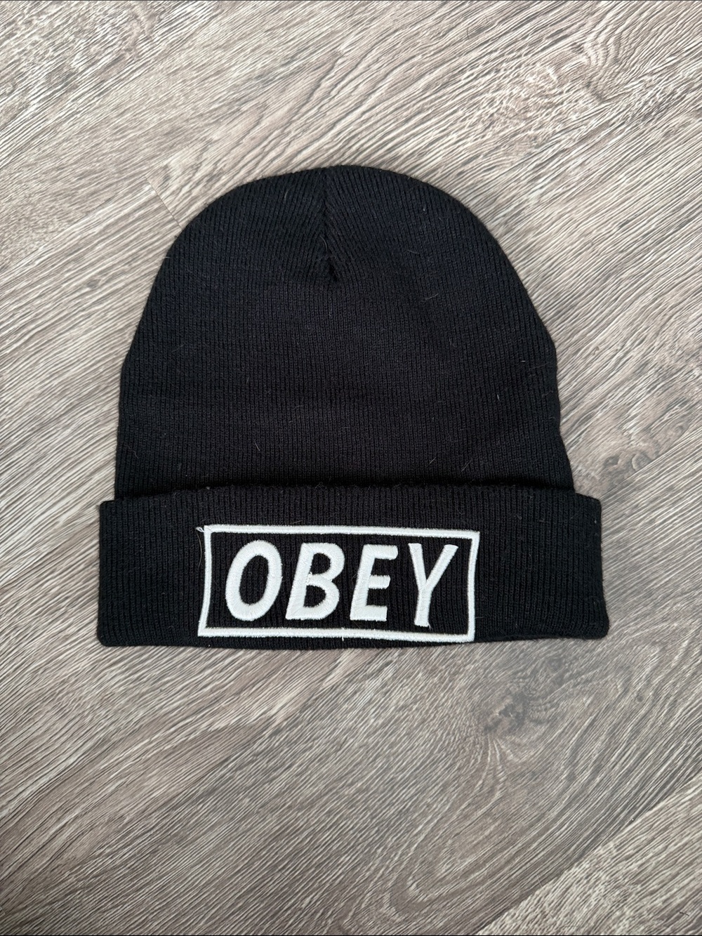 Obey Black Beanie with White Logo Patch